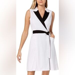 Calvin Klein White Sleeveless Wrap Midi Dress with Black Trim